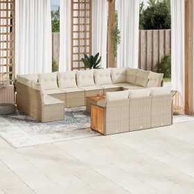 Set sofás de jardín 14 pzas con cojines ratán sintético beige