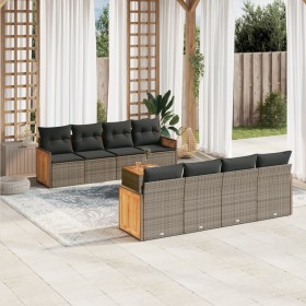 Set de muebles de jardín 9 pzas y cojines ratán sintético gris