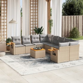 Set de sofás de jardín 9 pzas con cojines ratán sintético beige