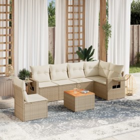 Set sofás de jardín 7 piezas y cojines ratán sintético beige