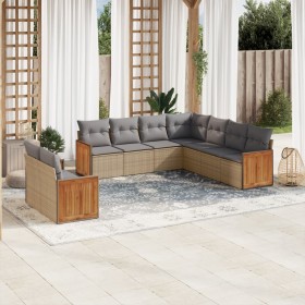 Set de sofás de jardín 9 pzas con cojines ratán sintético beige