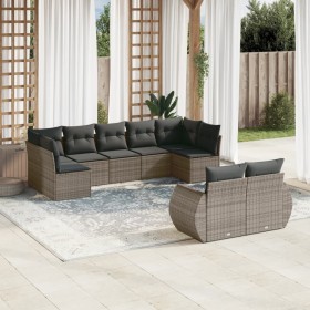 Set de muebles de jardín 9 pzas y cojines ratán sintético gris