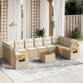 Set de sofás de jardín 11pzas con cojines ratán sintético beige