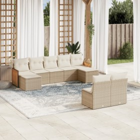 Set de sofás de jardín 9 pzas con cojines ratán sintético beige