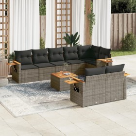 Set de muebles de jardín 9 pzas y cojines ratán sintético gris