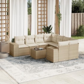 Set de sofás de jardín 9 pzas con cojines ratán sintético beige