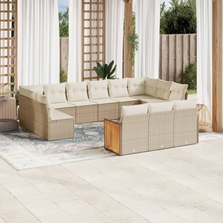 Set de sofás de jardín y cojines 13 pzas ratán sintético beige