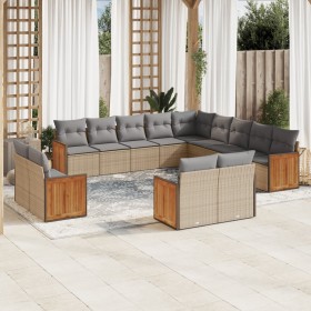 Set sofás de jardín con cojines 13 pzas ratán sintético beige