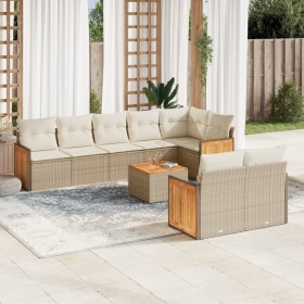 Set de sofás de jardín 9 pzas con cojines ratán sintético beige