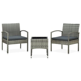 Set de muebles bistro de jardín 3 piezas cojines ratán PE gris