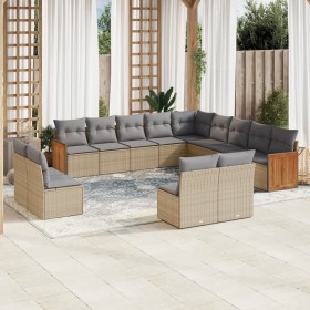 Set sofás de jardín con cojines 13 pzas ratán sintético beige