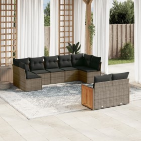 Set de muebles de jardín 9 pzas y cojines ratán sintético gris