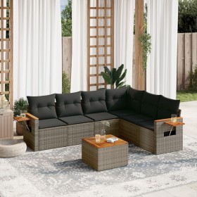 Set de sofás de jardín 7 piezas con cojines ratán PE gris