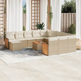 Set sofás de jardín con cojines 13 pzas ratán sintético beige