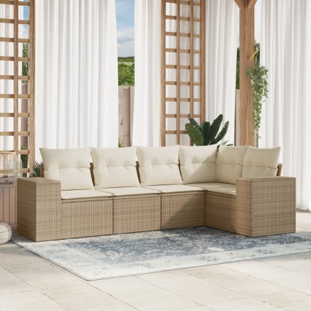 Garden sofa set with cushions 5 pieces beige synthetic rattan by , Modular outdoor sofas - Ref: Foro24-3222527, Price: 368,52...