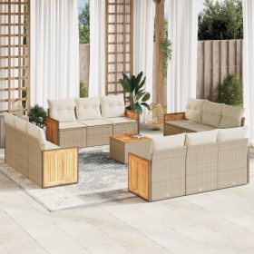 Set sofás de jardín con cojines 13 pzas ratán sintético beige