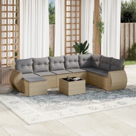 Set de sofás de jardín 9 pzas con cojines ratán sintético beige