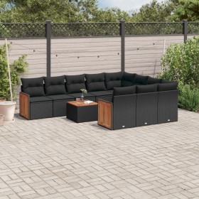 Set de sofás de jardín 11 pzas y cojines ratán sintético negro