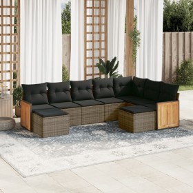 Set de muebles de jardín 9 pzas y cojines ratán sintético gris