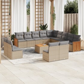 Set sofás de jardín 14 pzas con cojines ratán sintético beige