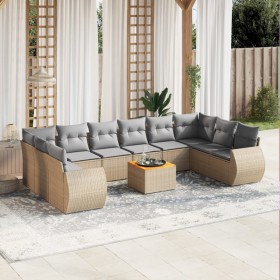 Set de sofás de jardín 11pzas con cojines ratán sintético beige