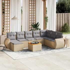 Set de sofás de jardín 9 pzas con cojines ratán sintético beige