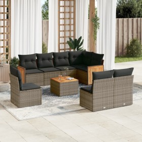 Set de muebles de jardín 9 pzas y cojines ratán sintético gris