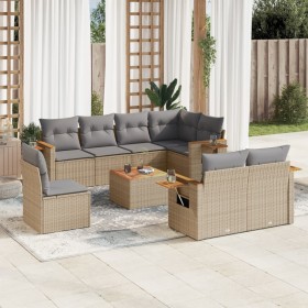 Set de sofás de jardín 9 pzas con cojines ratán sintético beige