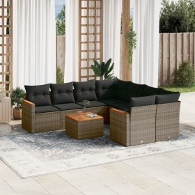 Set de muebles de jardín 9 pzas y cojines ratán sintético gris