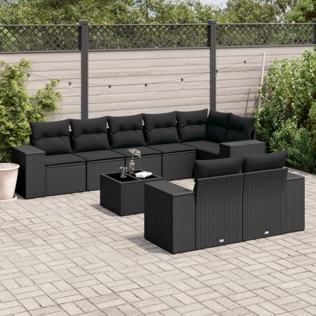 Set de sofás de jardín 8 piezas y cojines ratán sintético negro