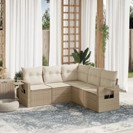 Garden sofa set with cushions 5 pieces beige synthetic rattan by , Garden sets - Ref: Foro24-3220147, Price: 379,65 €, Discou...