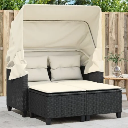 2 seater garden sofa with awning and black PE rattan stools by , Outdoor sofas - Ref: Foro24-365780, Price: 296,41 €, Discoun...