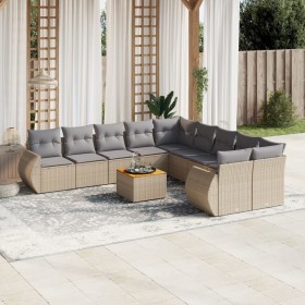 Set de sofás de jardín 11pzas con cojines ratán sintético beige