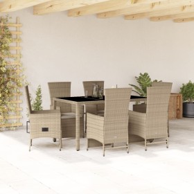 Set comedor de jardín 7 pzas con cojines ratán sintético beige