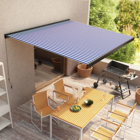 Blau-weiße manuelle Rollenmarkise 350x250 cm von , Markisen - Ref: Foro24-3052701, Preis: 561,21 €, Rabatt: %