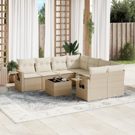 Set de sofás de jardín 9 pzas con cojines ratán sintético beige