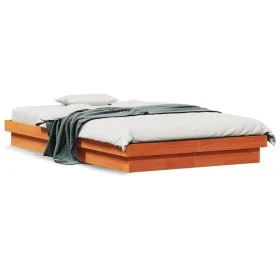 Solid pine wood LED bed frame in brown wax finish 140x200cm by , Beds and slatted bases - Ref: Foro24-844414, Price: 133,96 €...