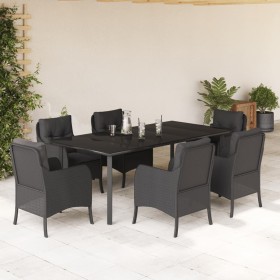 Set de comedor de jardín 7 pzas y cojines ratán sintético negro