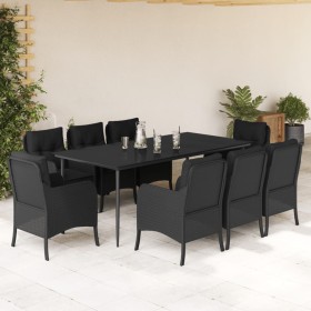 Set de comedor de jardín 9 pzas y cojines ratán sintético negro