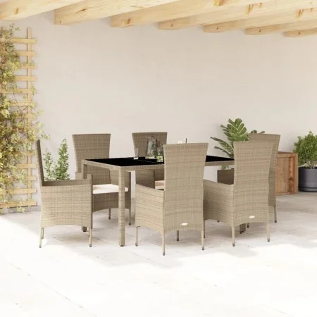 7-teiliges Garten-Essset mit beigen Kissen aus synthetischem Rattan von , Gartensets - Ref: Foro24-3277572, Preis: 556,68 €, ...