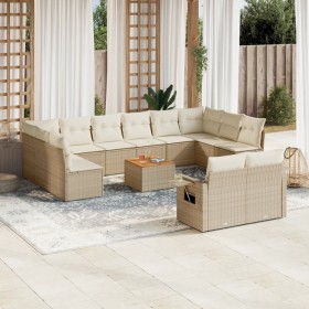 Set sofás de jardín con cojines 13 pzas ratán sintético beige