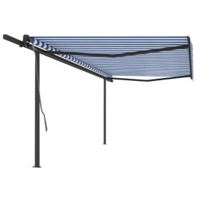 Toldo retráctil automático con postes azul y blanco 5x3 m