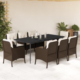 Set comedor para jardín 9 pzas y cojines ratán sintético marrón