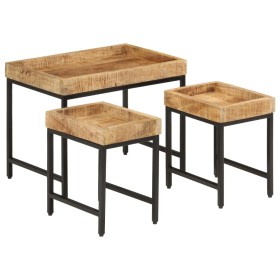 Mesas apilables 3 piezas madera de mango rugosa maciza y hierro