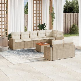 Set de sofás de jardín 9 pzas con cojines ratán sintético beige