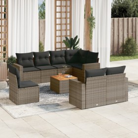 Set de muebles de jardín 9 pzas y cojines ratán sintético gris