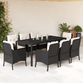 Set de comedor de jardín 9 pzas y cojines ratán sintético negro