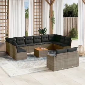 Set sofás de jardín con cojines 13 piezas ratán sintético gris