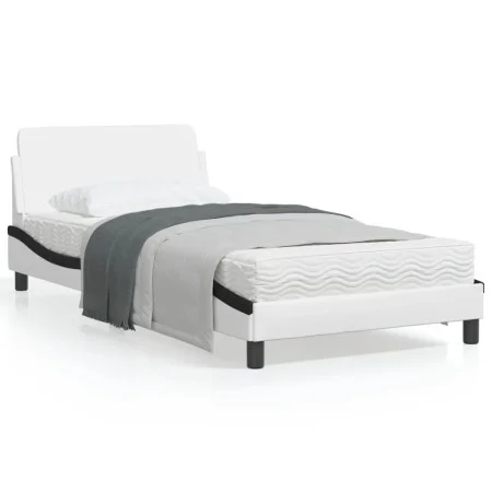 Bed frame with white and black synthetic leather headboard by , Beds and slatted bases - Ref: Foro24-373144, Price: 111,68 €,...