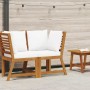 Sofá de esquina seccional madera maciza acacia y cojines crema